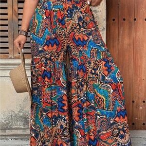 SHEIN Multicolor Bohemian Wide-Leg Palazzo Pants elastic waist Women’s XL